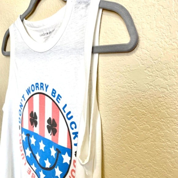 Lucky Brand white tank top DONT WORRY BE LUCKY tank top size S boho bohemian - Picture 5 of 7